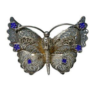 Fancy Vintage Spun Silver Butterfly or Moth Brooch With Blue Enamel Accents